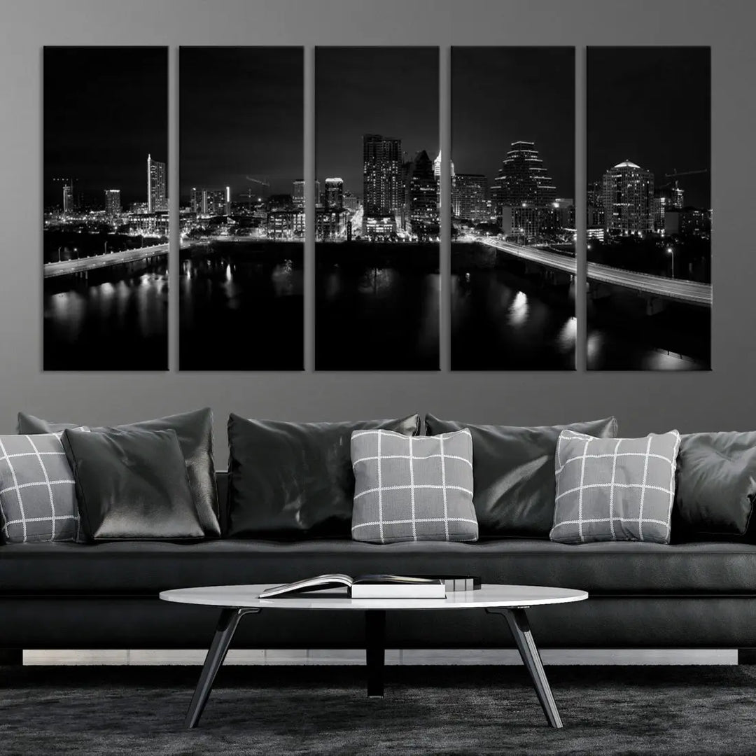 Austin City Skyline Black and White Cityscape Wall Art Large Canvas Print