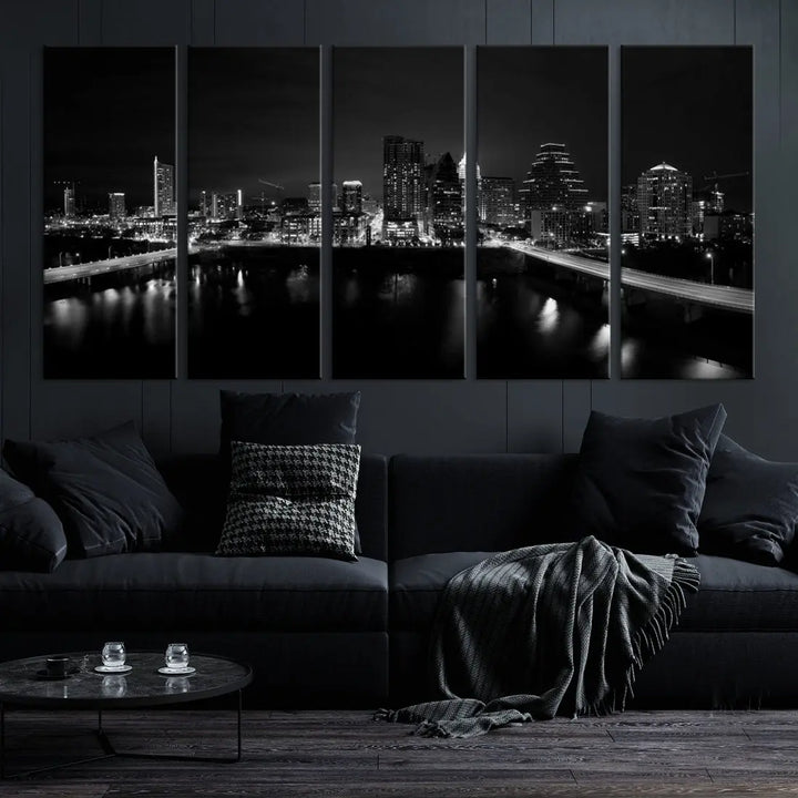 Austin City Skyline Black and White Cityscape Wall Art Large Canvas Print