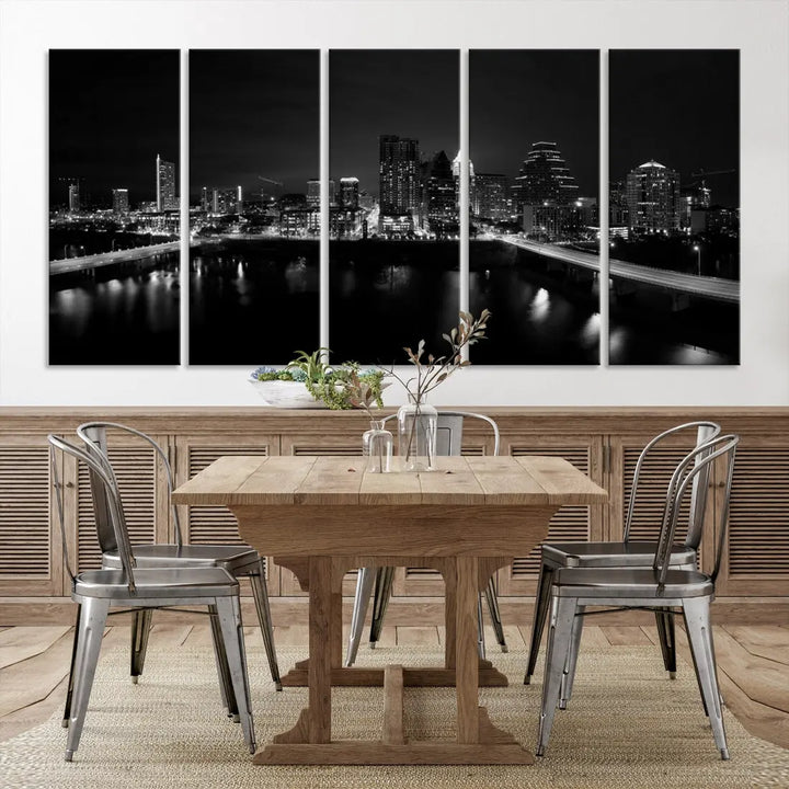 Austin City Skyline Black and White Cityscape Wall Art Large Canvas Print