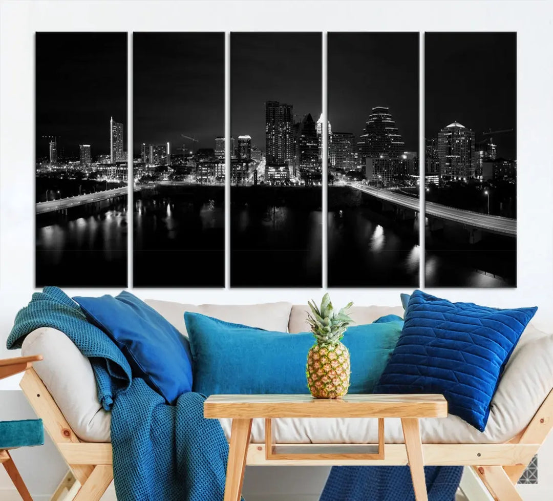 Austin City Skyline Black and White Cityscape Wall Art Large Canvas Print