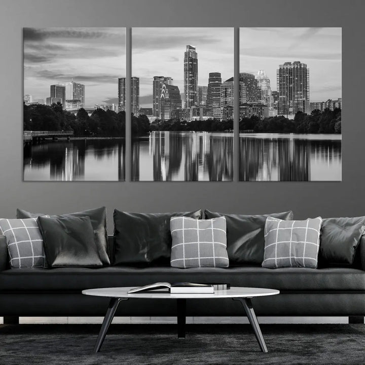 Austin City Skyline Reflections Black and White Wall Art Cityscape Canvas Print