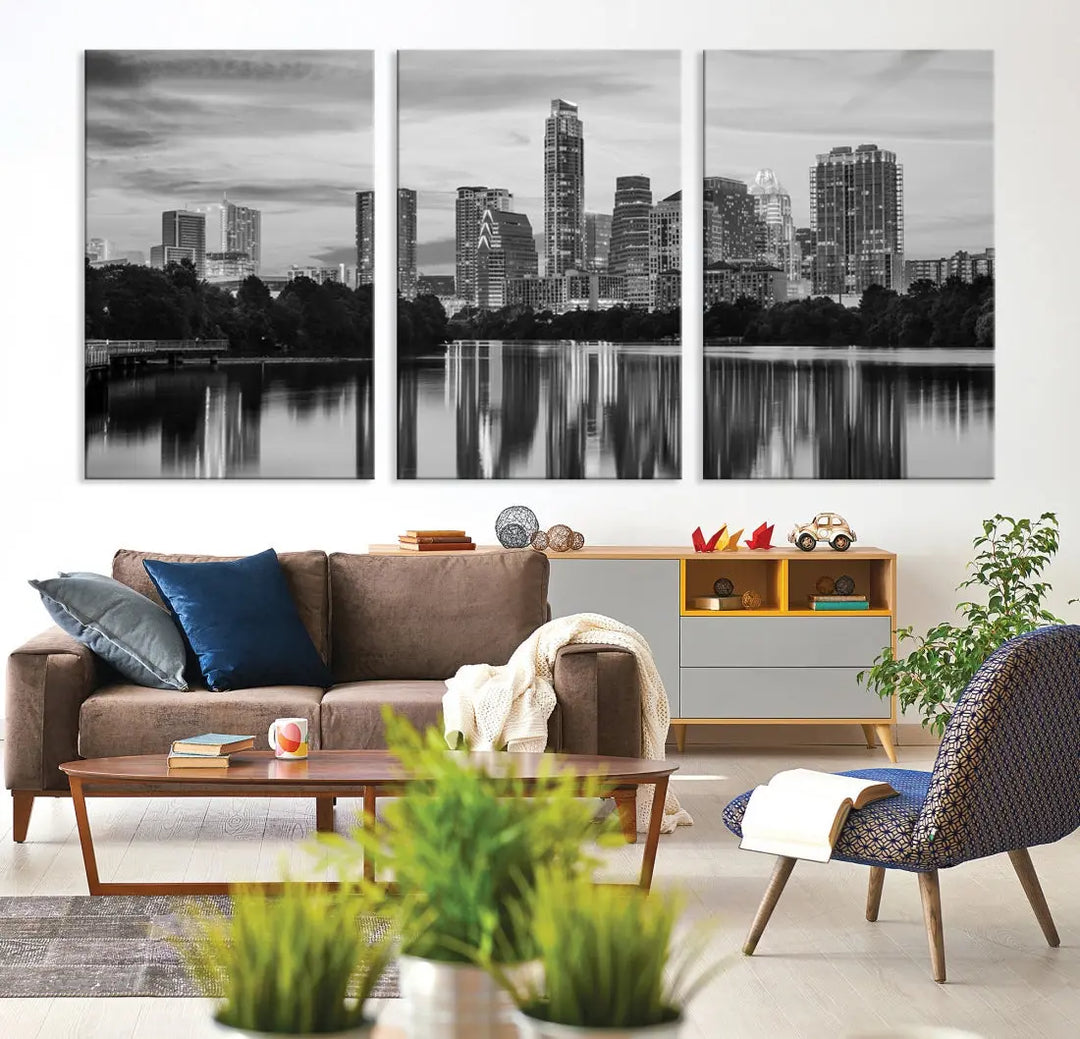 Austin City Skyline Reflections Black and White Wall Art Cityscape Canvas Print