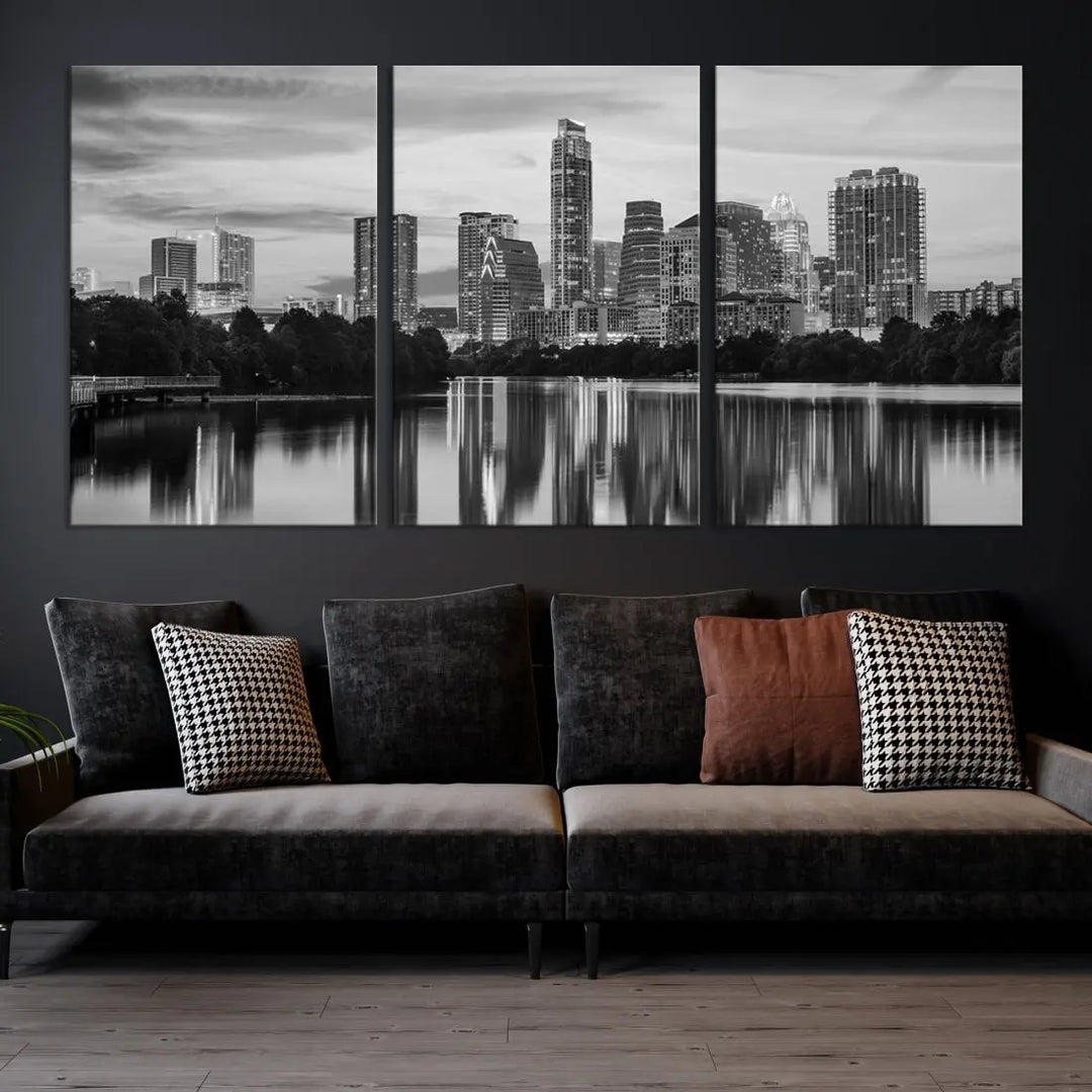 Austin City Skyline Reflections Black and White Wall Art Cityscape Canvas Print