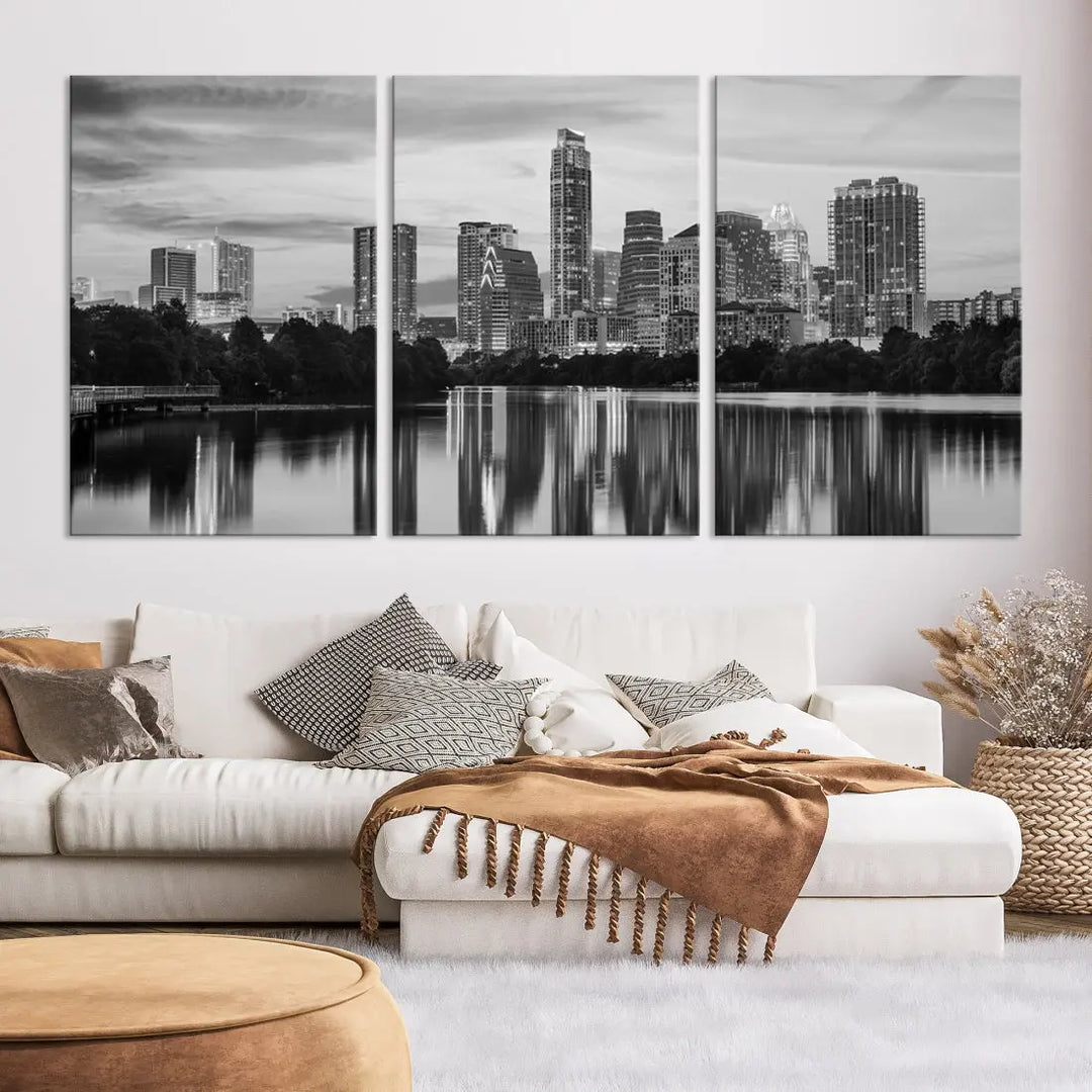 Austin City Skyline Reflections Black and White Wall Art Cityscape Canvas Print