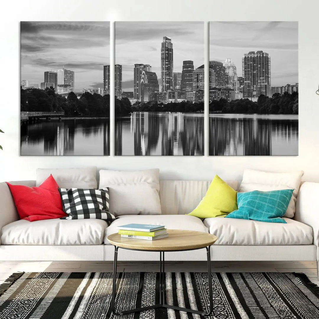 Austin City Skyline Reflections Black and White Wall Art Cityscape Canvas Print