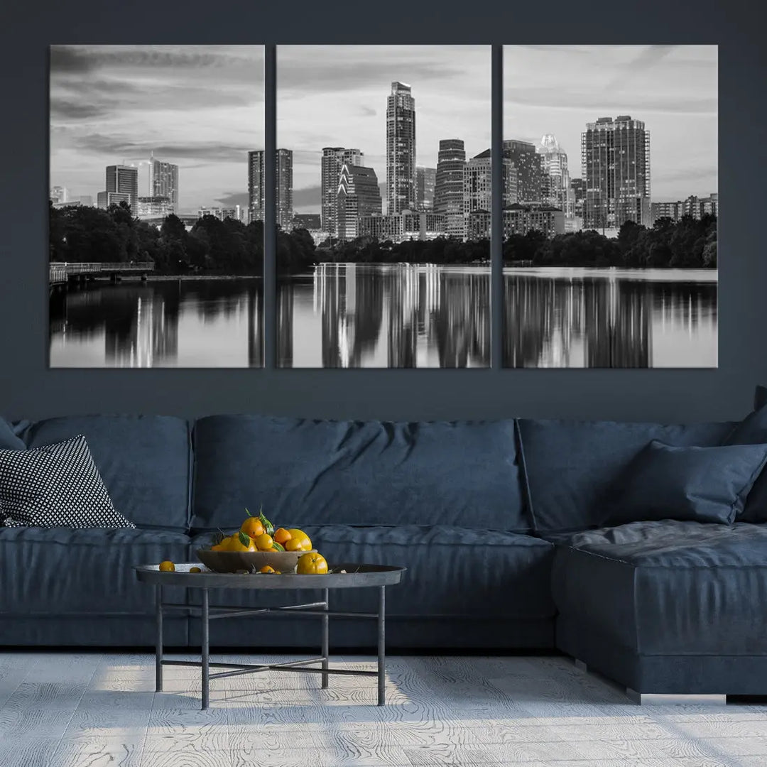 Austin City Skyline Reflections Black and White Wall Art Cityscape Canvas Print