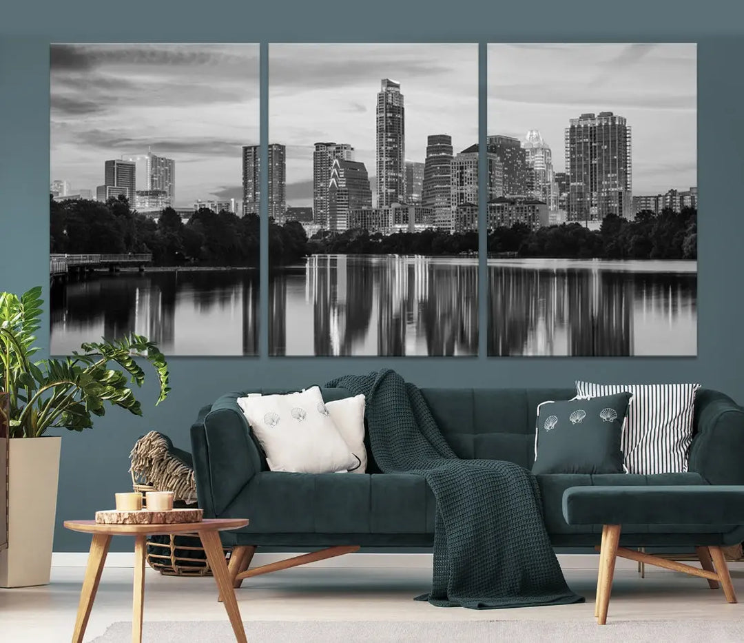 Austin City Skyline Reflections Black and White Wall Art Cityscape Canvas Print