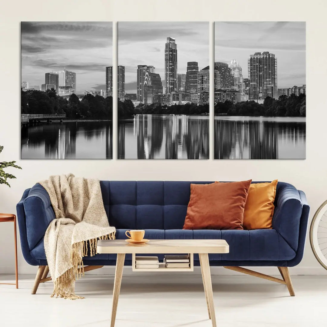 Austin City Skyline Reflections Black and White Wall Art Cityscape Canvas Print