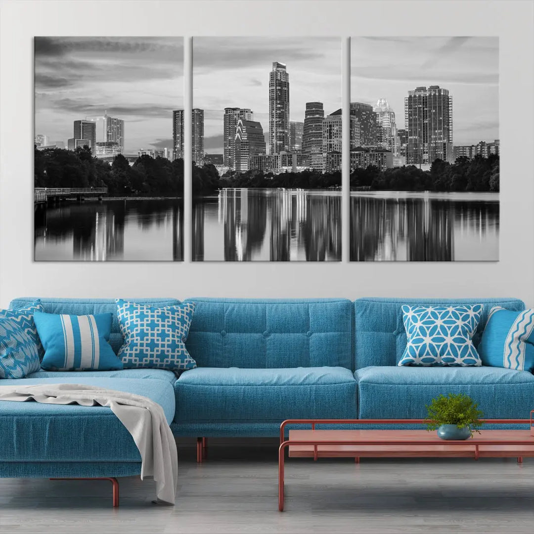 Austin City Skyline Reflections Black and White Wall Art Cityscape Canvas Print