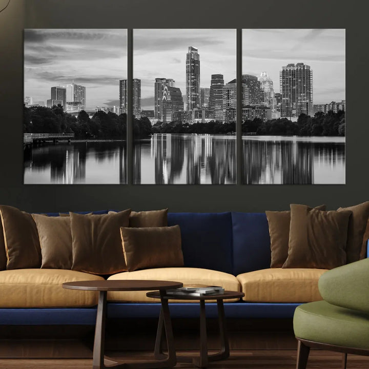 Austin City Skyline Reflections Black and White Wall Art Cityscape Canvas Print