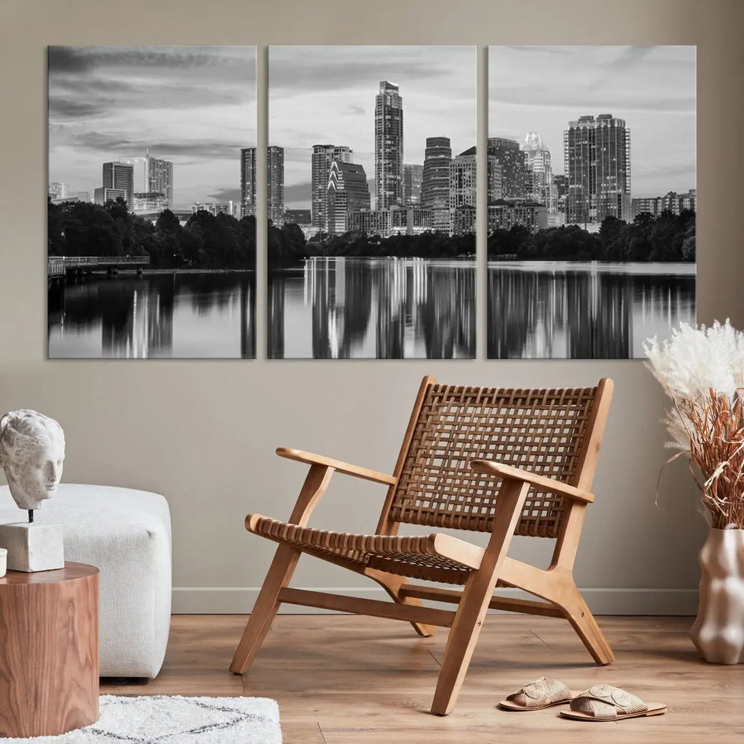 Austin City Skyline Reflections Black and White Wall Art Cityscape Canvas Print