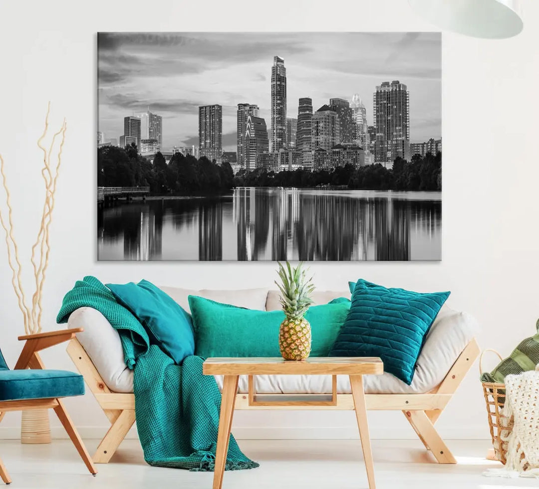 Austin City Skyline Reflections Black and White Wall Art Cityscape Canvas Print