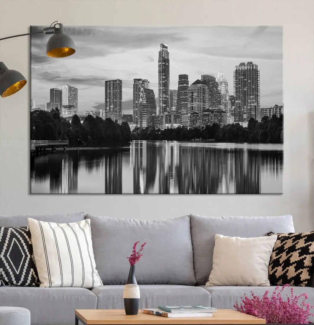 Austin City Skyline Reflections Black and White Wall Art Cityscape Canvas Print