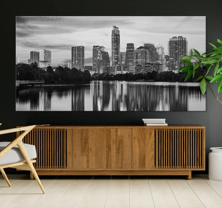 Austin City Skyline Reflections Black and White Wall Art Cityscape Canvas Print