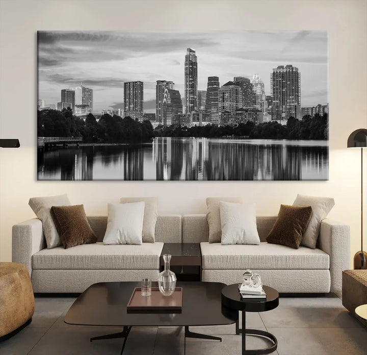 Austin City Skyline Reflections Black and White Wall Art Cityscape Canvas Print