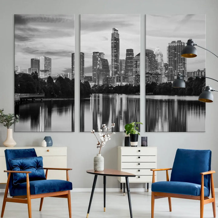 Austin City Skyline Reflections Black and White Wall Art Cityscape Canvas Print