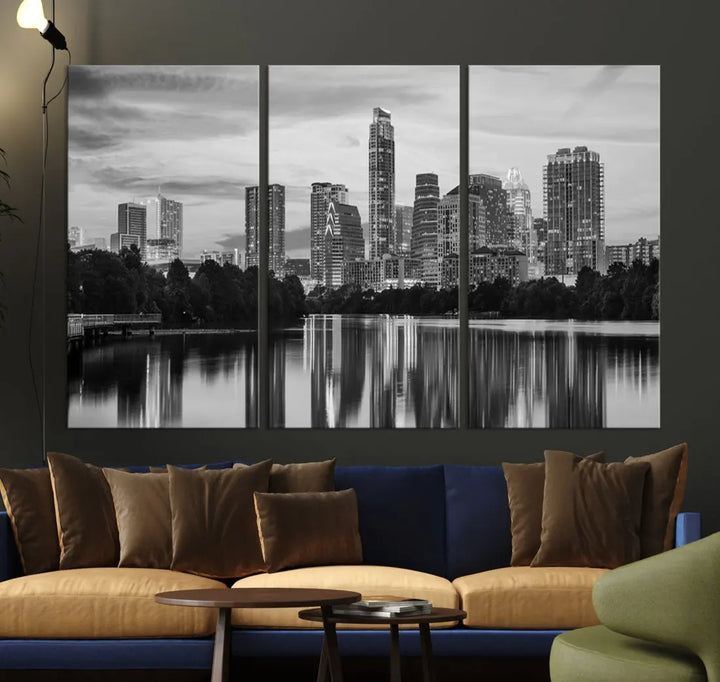 Austin City Skyline Reflections Black and White Wall Art Cityscape Canvas Print