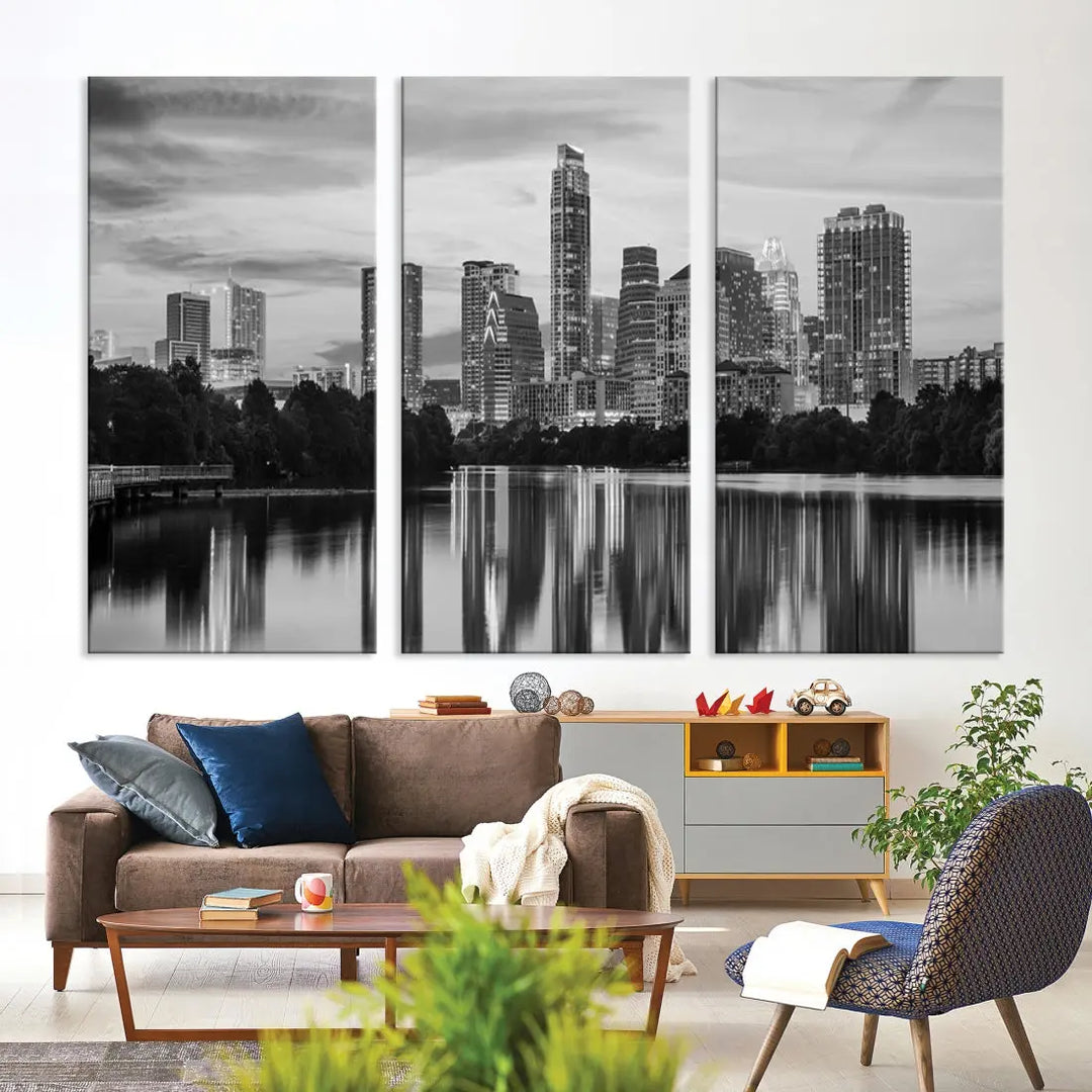 Austin City Skyline Reflections Black and White Wall Art Cityscape Canvas Print