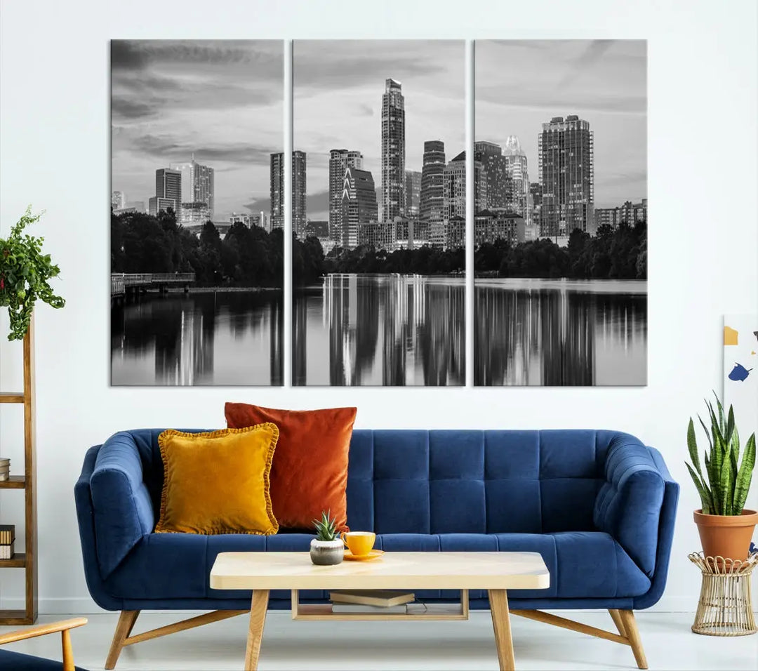 Austin City Skyline Reflections Black and White Wall Art Cityscape Canvas Print