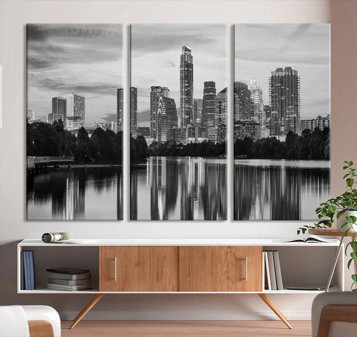 Austin City Skyline Reflections Black and White Wall Art Cityscape Canvas Print