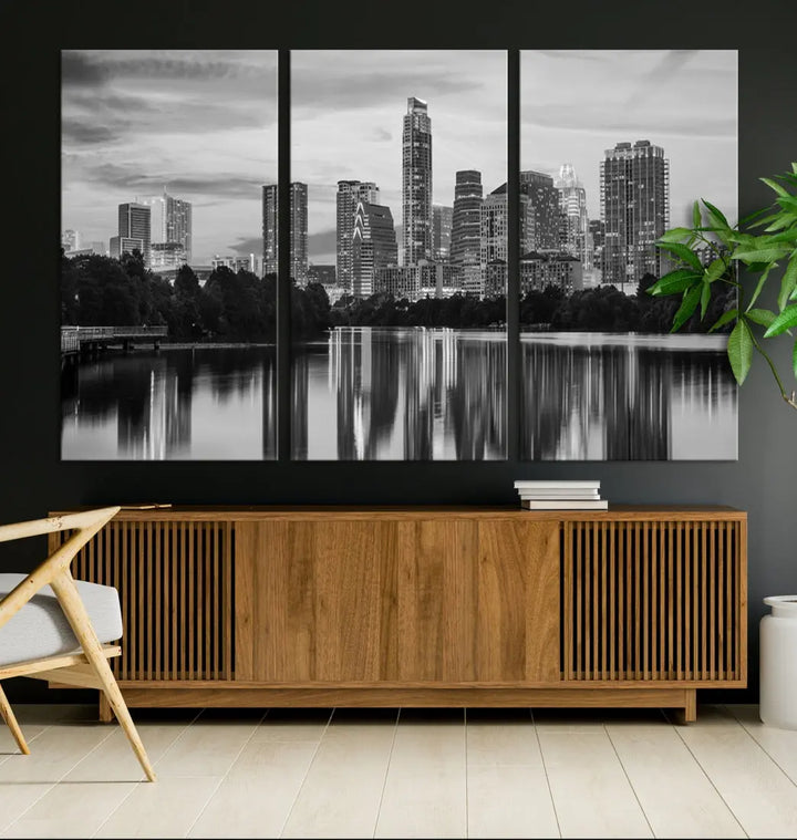 Austin City Skyline Reflections Black and White Wall Art Cityscape Canvas Print