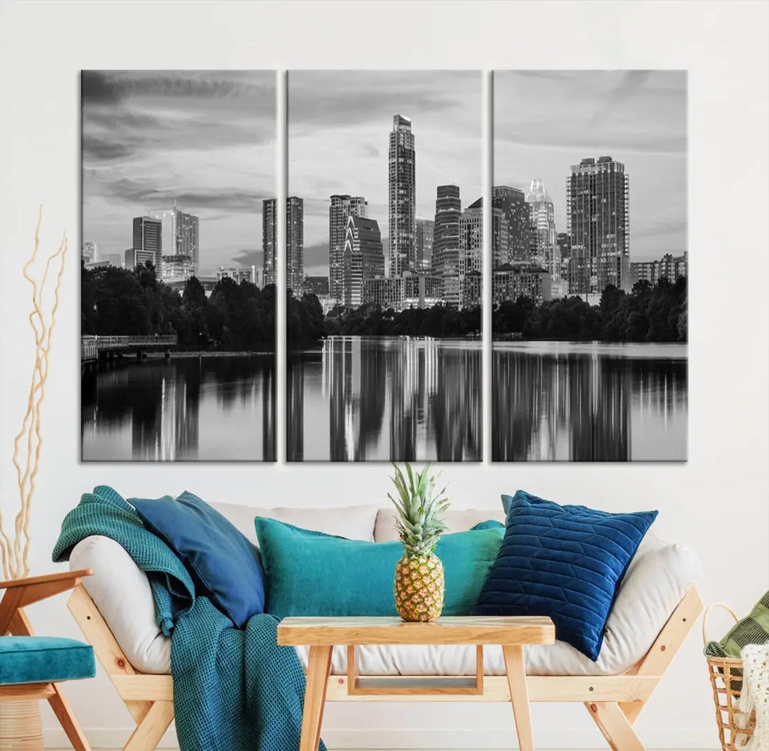 Austin City Skyline Reflections Black and White Wall Art Cityscape Canvas Print