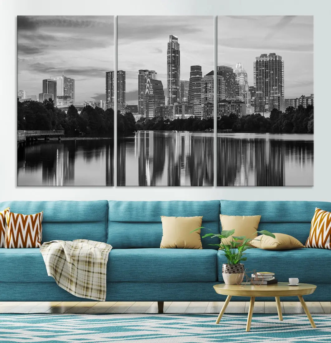 Austin City Skyline Reflections Black and White Wall Art Cityscape Canvas Print