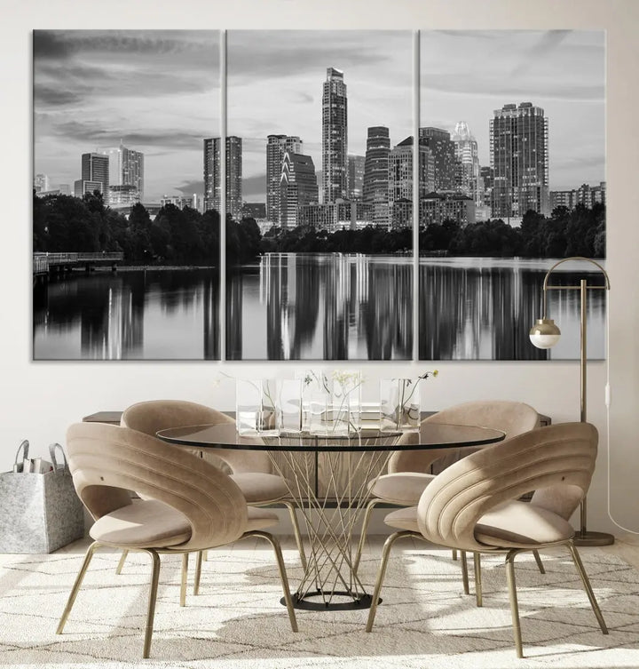 Austin City Skyline Reflections Black and White Wall Art Cityscape Canvas Print