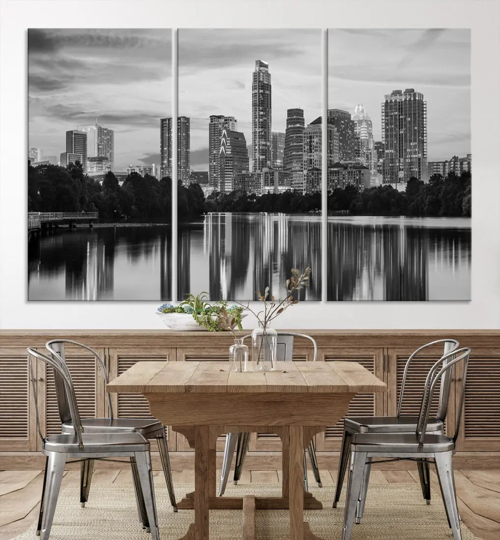 Austin City Skyline Reflections Black and White Wall Art Cityscape Canvas Print