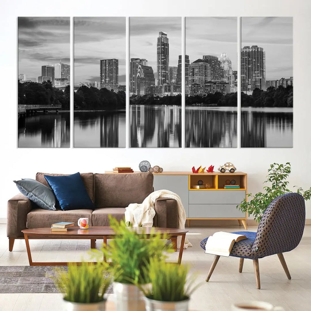 Austin City Skyline Reflections Black and White Wall Art Cityscape Canvas Print