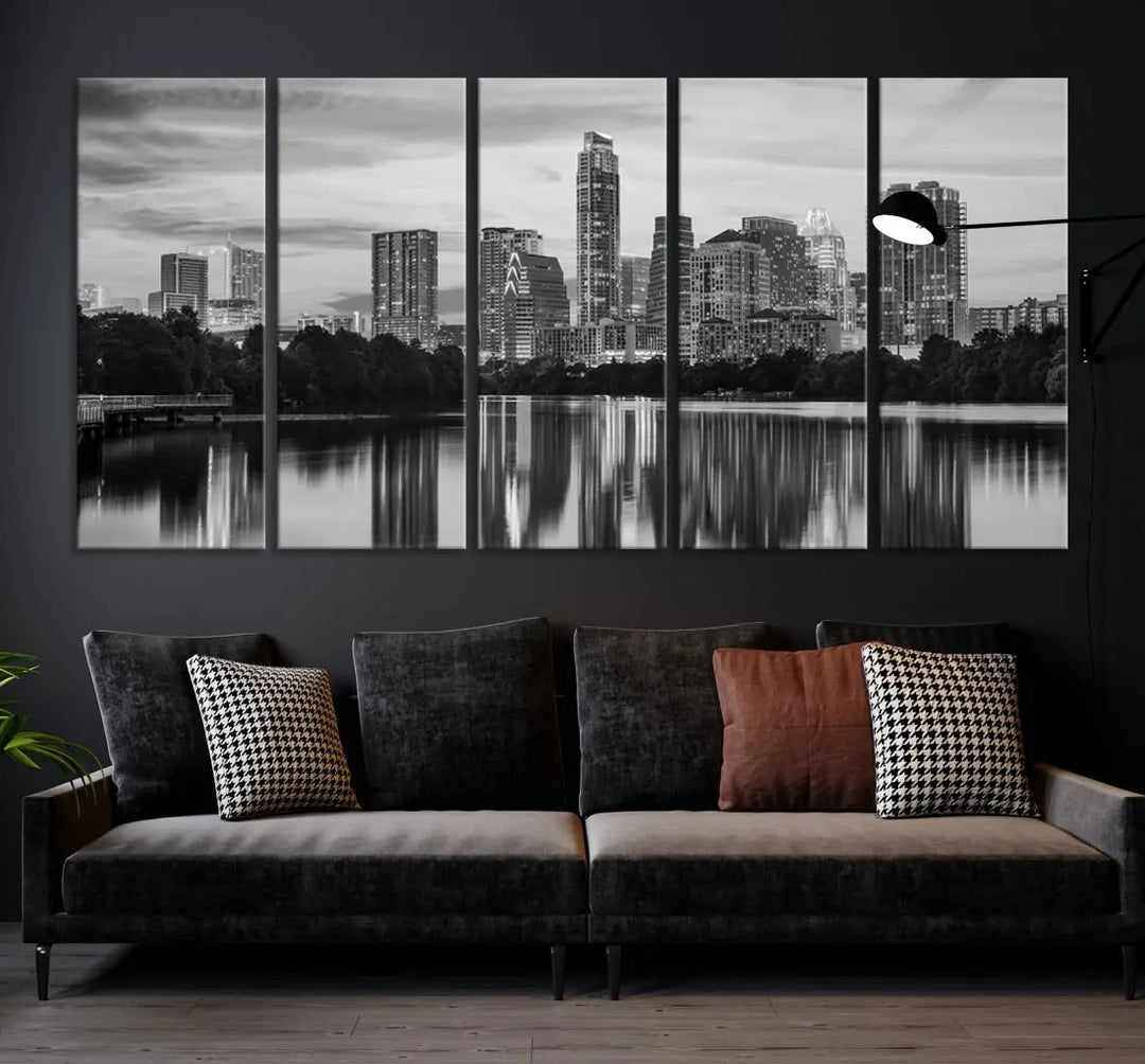 Austin City Skyline Reflections Black and White Wall Art Cityscape Canvas Print