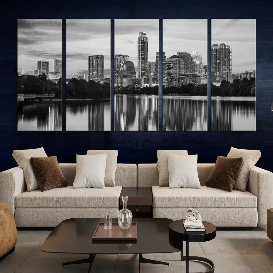 Austin City Skyline Reflections Black and White Wall Art Cityscape Canvas Print