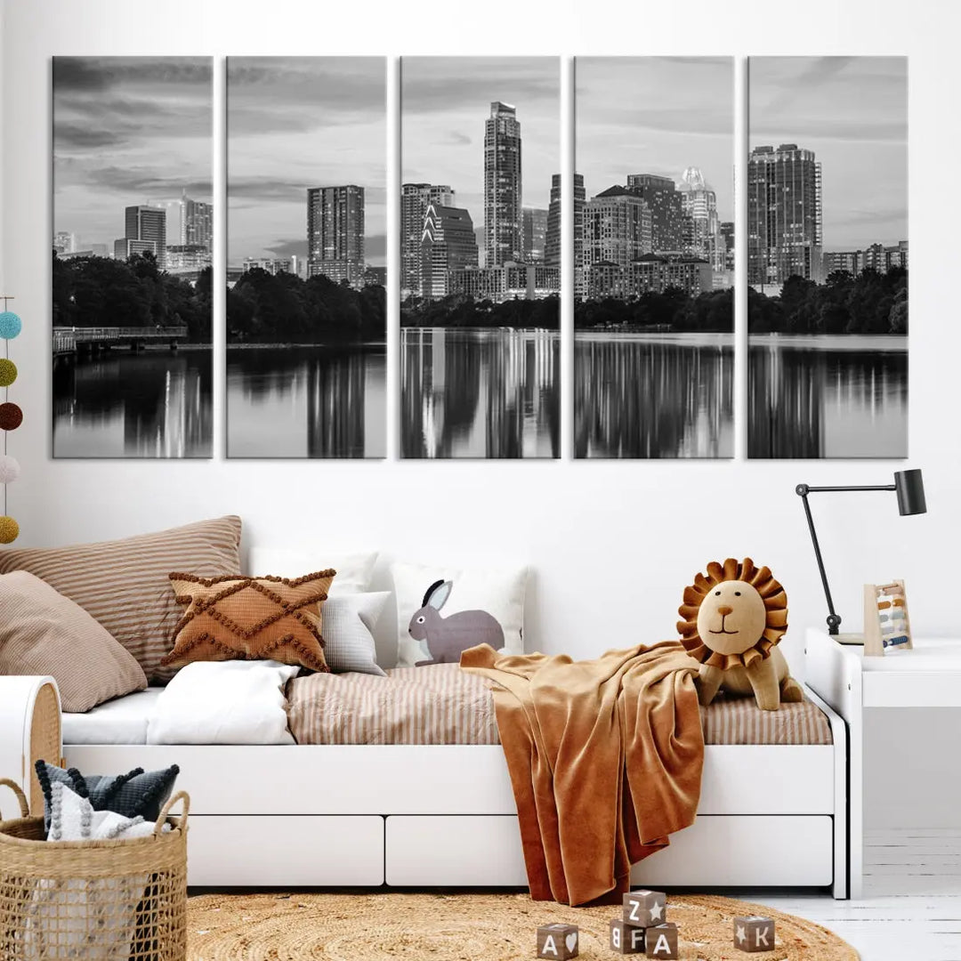 Austin City Skyline Reflections Black and White Wall Art Cityscape Canvas Print