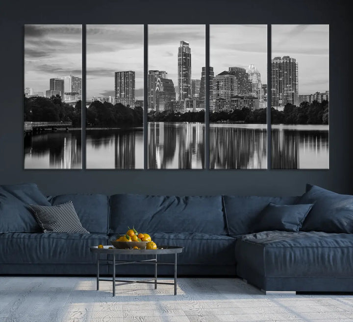 Austin City Skyline Reflections Black and White Wall Art Cityscape Canvas Print