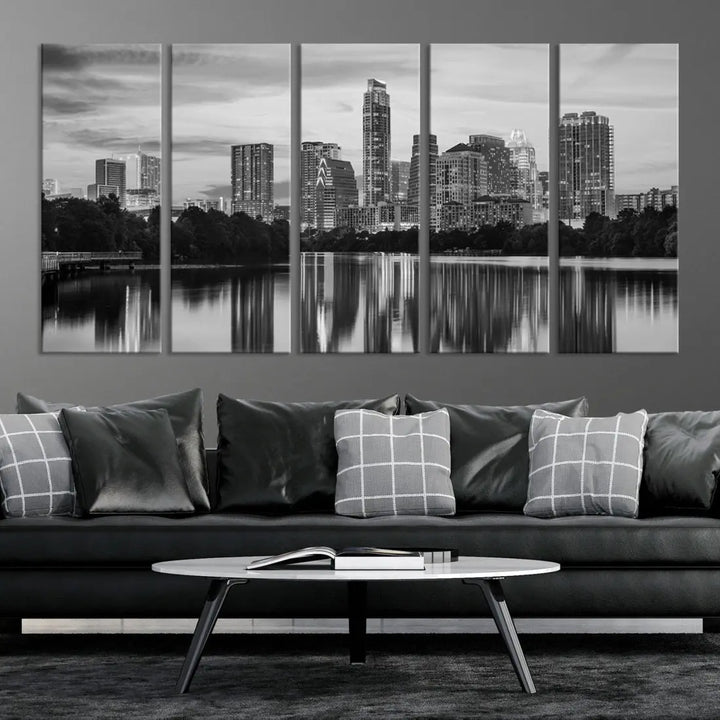 Austin City Skyline Reflections Black and White Wall Art Cityscape Canvas Print