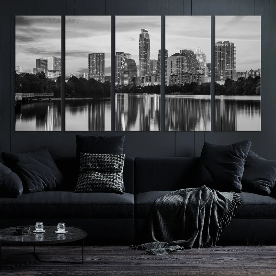 Austin City Skyline Reflections Black and White Wall Art Cityscape Canvas Print