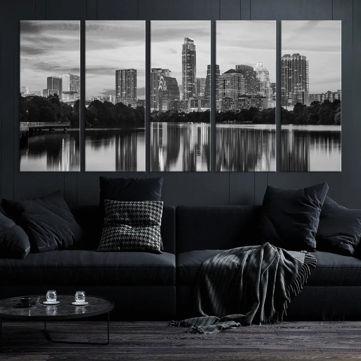 Austin City Skyline Reflections Black and White Wall Art Cityscape Canvas Print