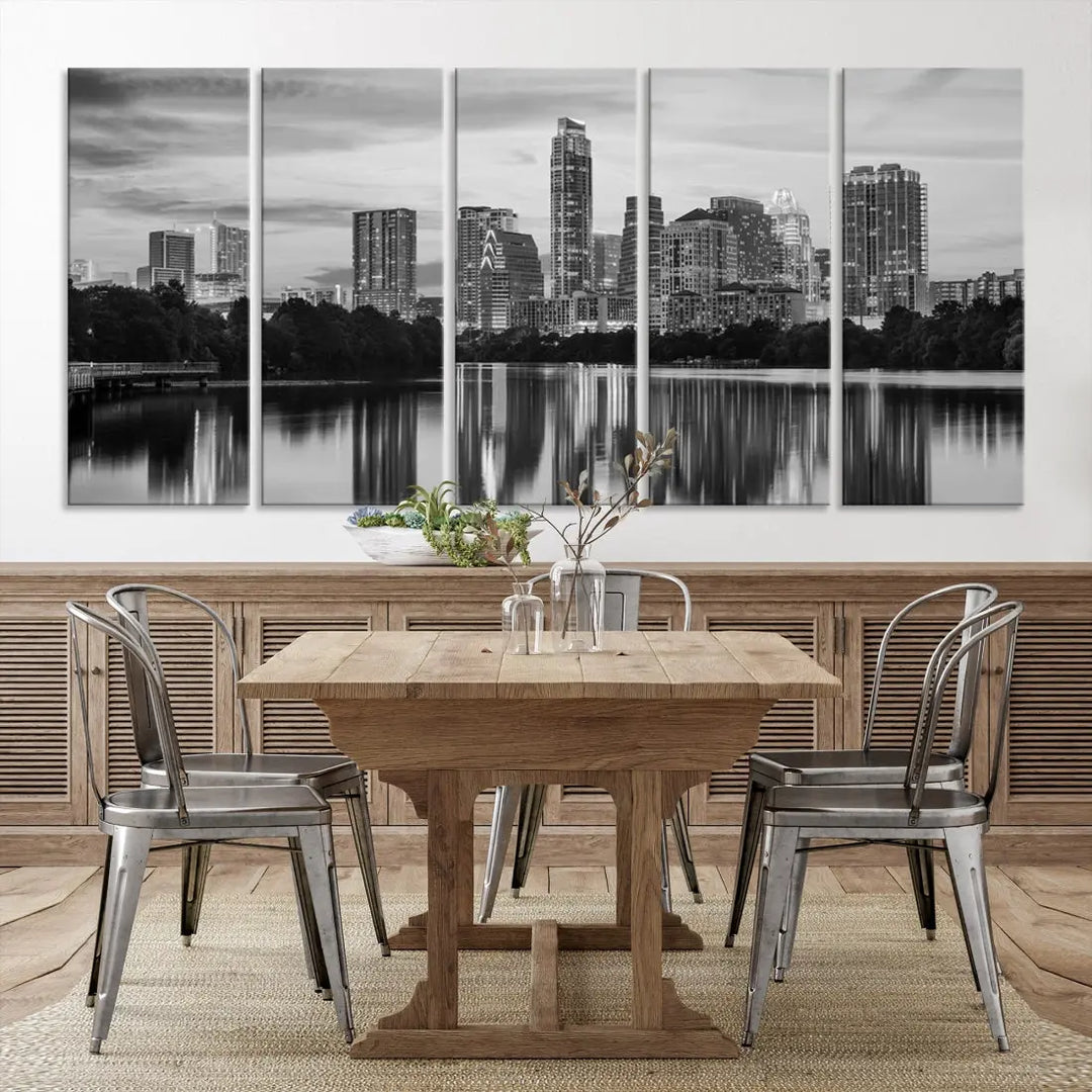 Austin City Skyline Reflections Black and White Wall Art Cityscape Canvas Print