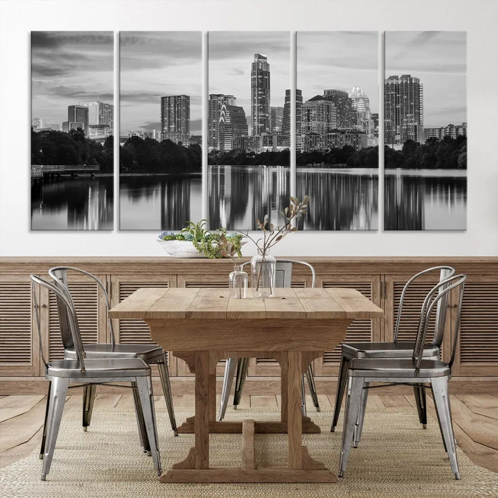 Austin City Skyline Reflections Black and White Wall Art Cityscape Canvas Print