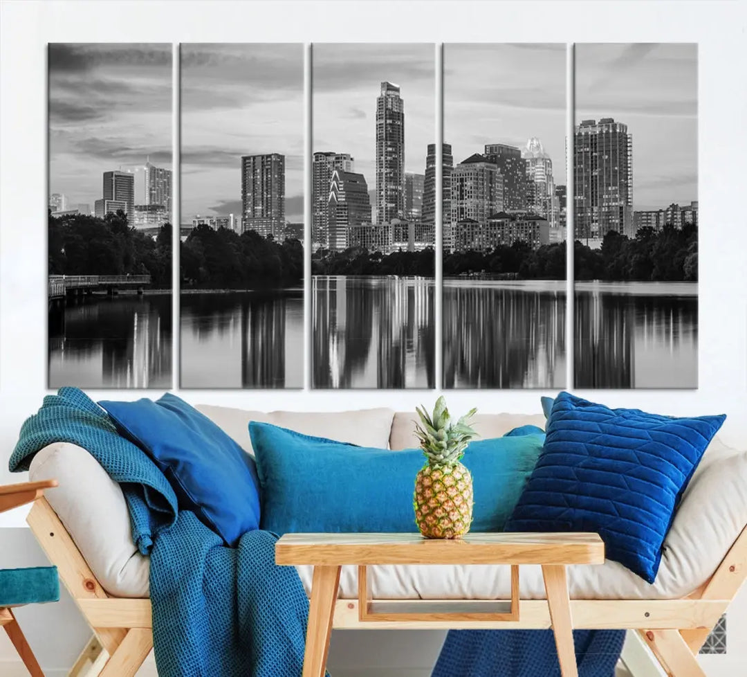 Austin City Skyline Reflections Black and White Wall Art Cityscape Canvas Print