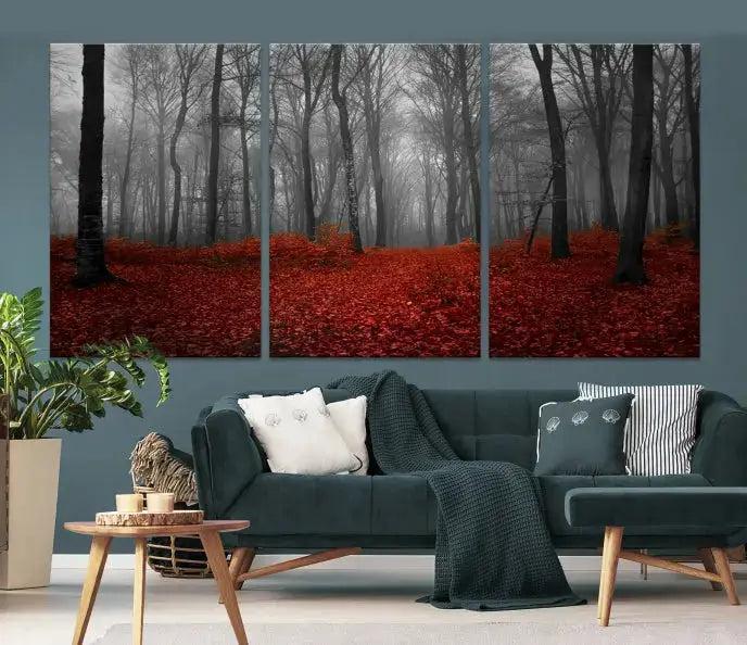 Autumn Forest and Red Leaves Canvas Wall Art Print