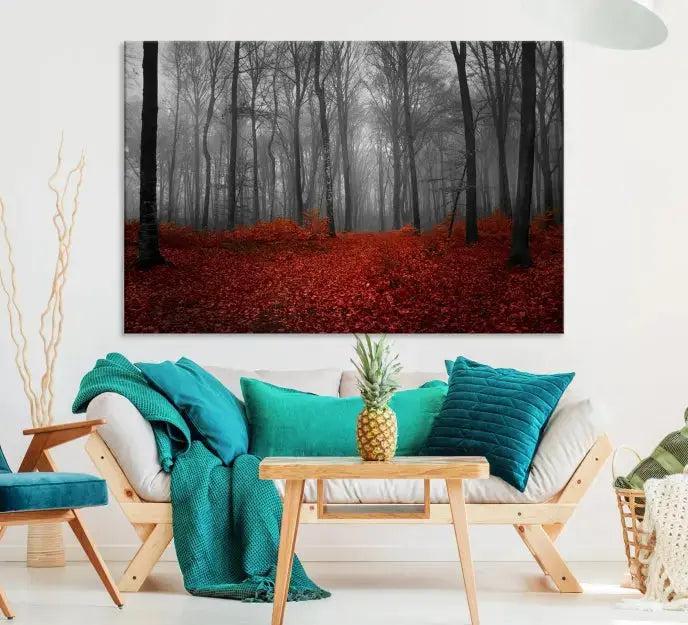 Autumn Forest and Red Leaves Canvas Wall Art Print