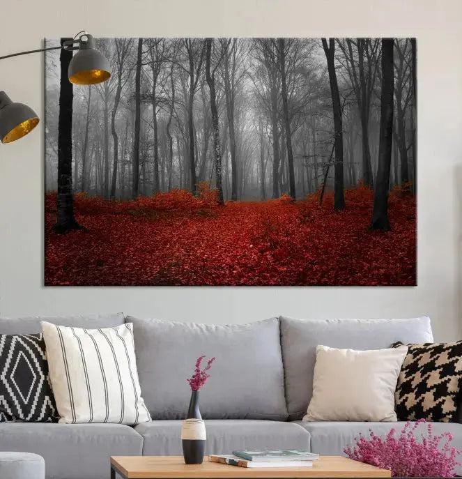 Autumn Forest and Red Leaves Canvas Wall Art Print