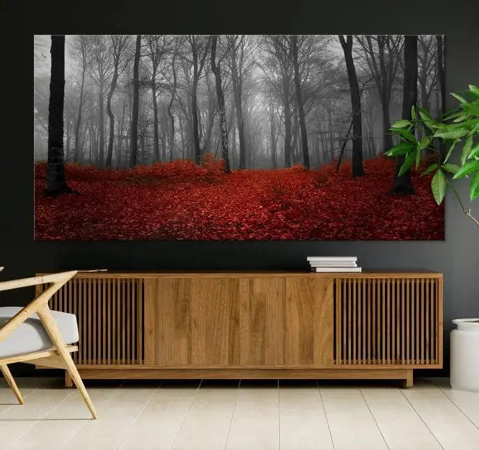 Autumn Forest and Red Leaves Canvas Wall Art Print