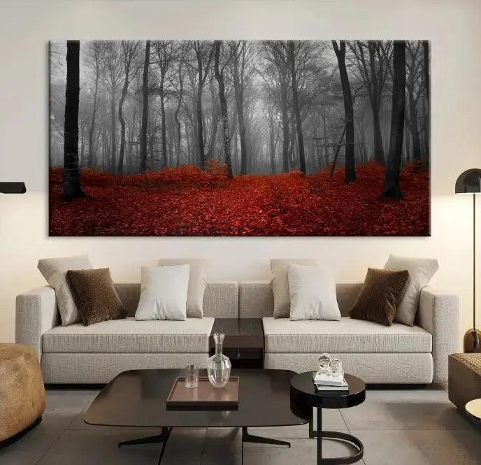 Autumn Forest and Red Leaves Canvas Wall Art Print