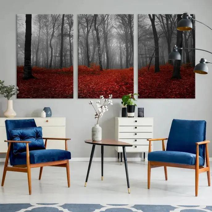 Autumn Forest and Red Leaves Canvas Wall Art Print