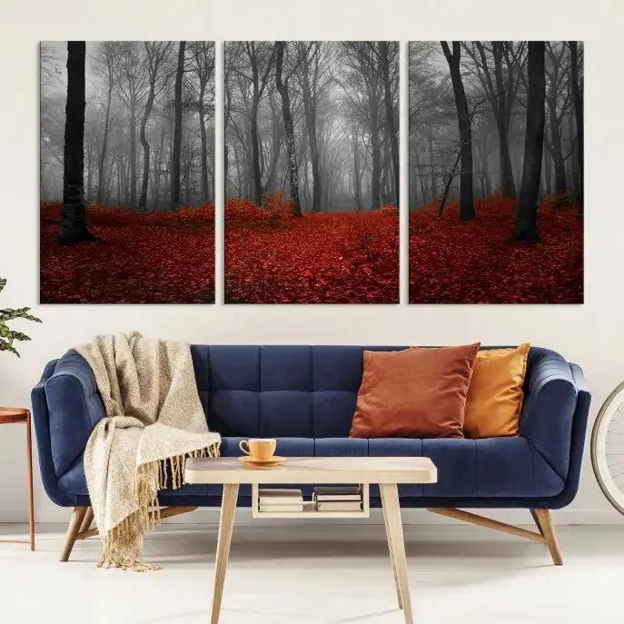 Autumn Forest and Red Leaves Canvas Wall Art Print