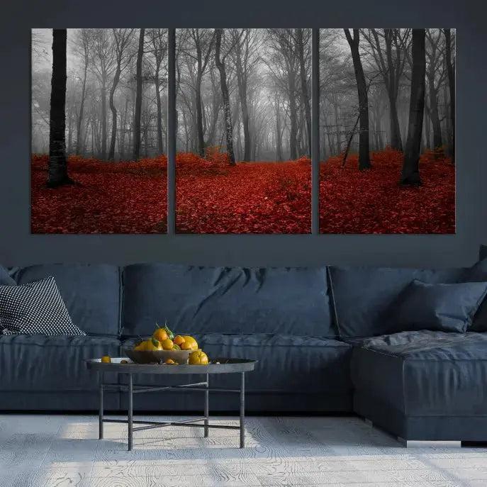 Autumn Forest and Red Leaves Canvas Wall Art Print