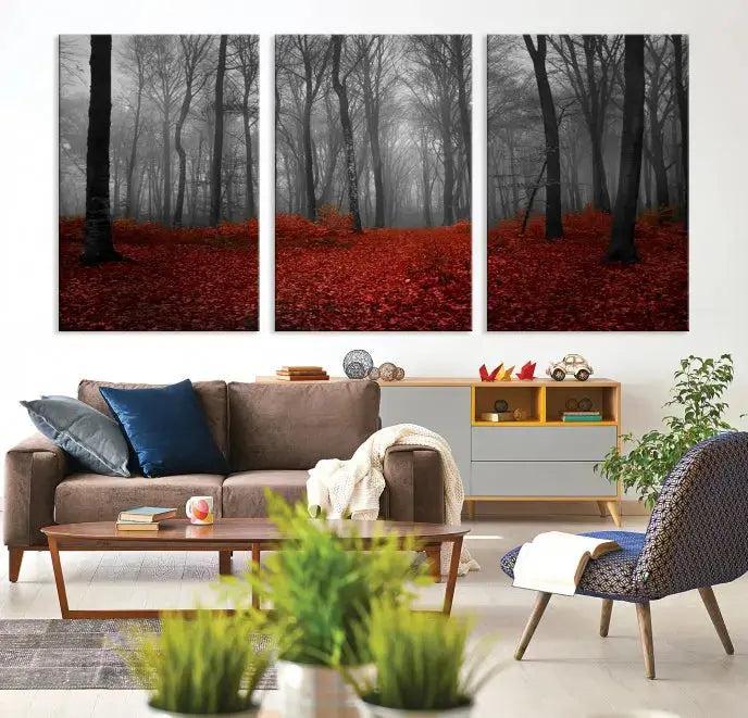 Autumn Forest and Red Leaves Canvas Wall Art Print