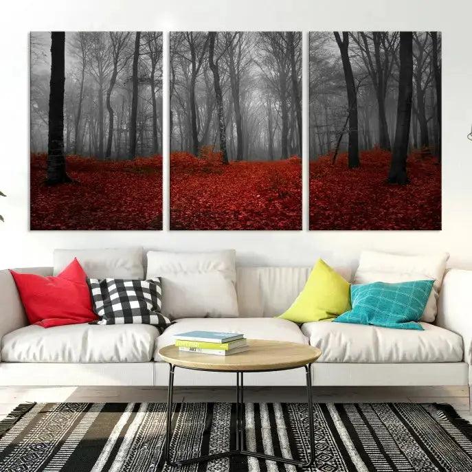 Autumn Forest and Red Leaves Canvas Wall Art Print